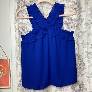 J. Crew Ruffle Crisscross Neck Tank Blouse. A Beautiful Rich Blue in Size: 4P